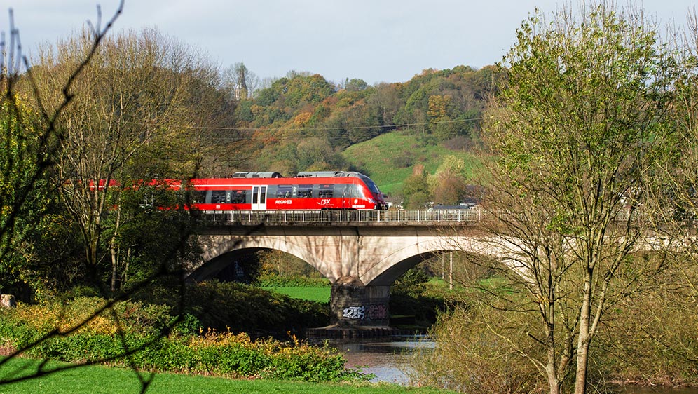Ein Regionalzug fährt über eine Brücke über den Fluss Sieg.
